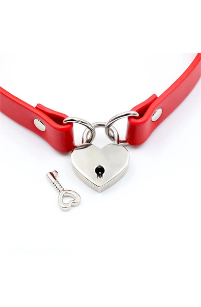 Collar mit Herzschloss aus veganem Leder Rot - BDSM Halsband 2