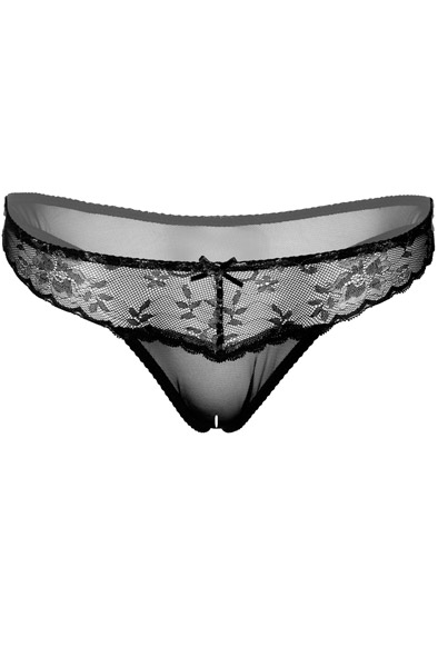 Crotchless String aus floraler Spitze, Schwarz - Slip ouvert 3