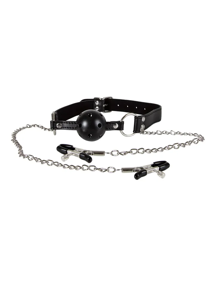 Diabolique Black Gag With Nipple Clamps - Knebelball mit Brustklammern 1 [full]