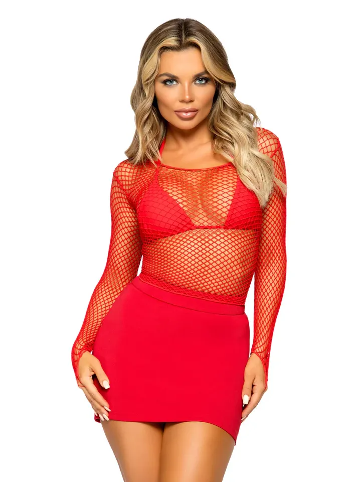 Elastane Long Sleeved Fishnet Shirt Red - Netz-Top 1 [full]