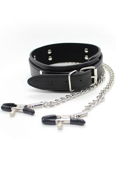 Halsband mit Brustwarzenklemmen & Metallkette - Halsbänder mit Brustklammern 1