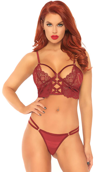 Lace Bralette mit durchsichtigem Tanga in Burgunderrot - Sexy Dessous 1