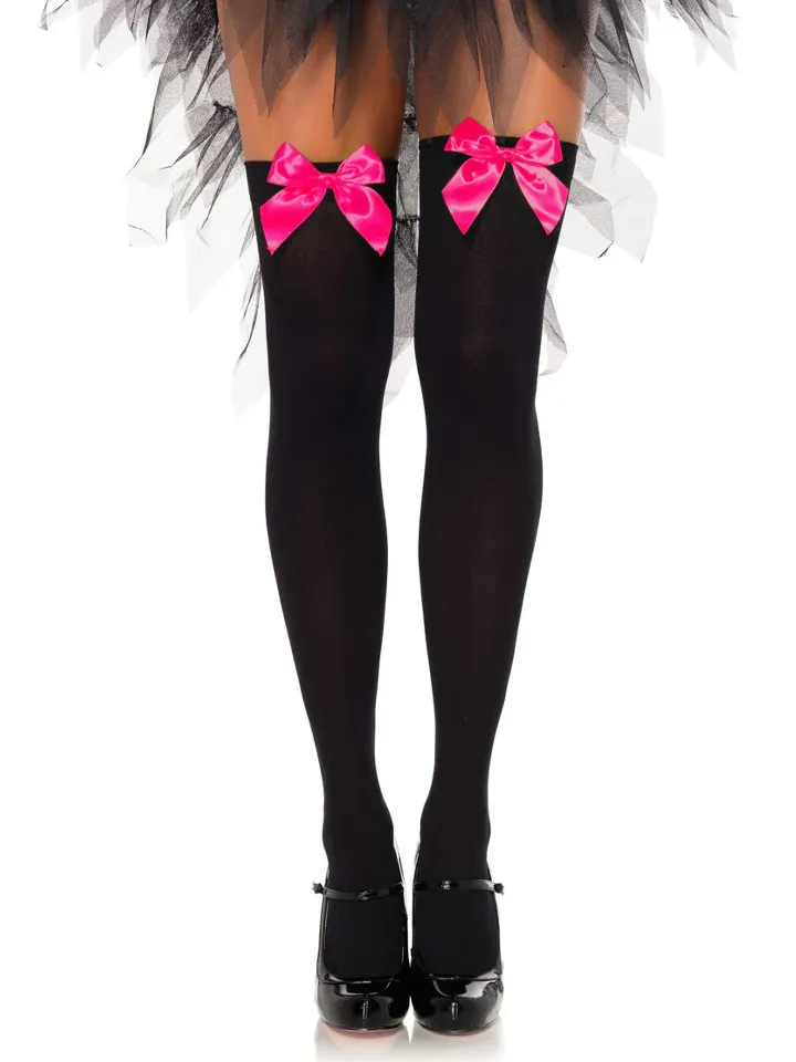Nylon Overknees mit Schleife Schwarz/Pink - Socken 1 [full]