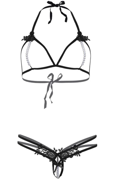 Open Cup BH & Perlen-Panty Schwarz - Sexy Dessous 6
