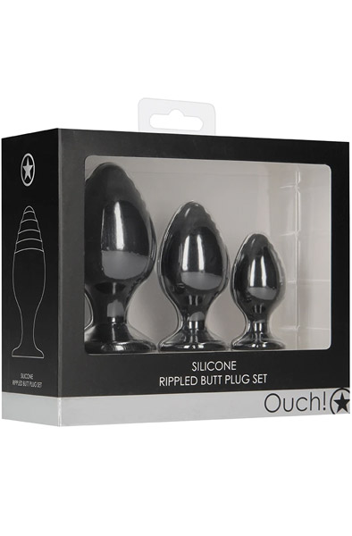 Ouch Rippled Butt Plug Set Black - Analplug Set 3