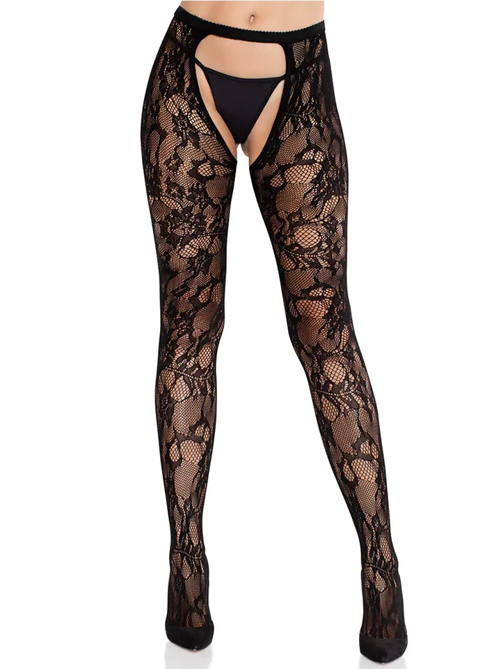 Rose Lace Crotchless Tights With Open Back Black - Strümpfe 1 [full]