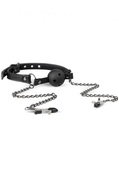 Easytoys Offener Ballknebel mit Nippelklemmen - Knebelball mit Brustklammern 1