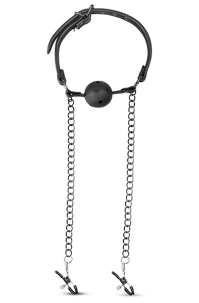 Easytoys Offener Ballknebel mit Nippelklemmen - Knebelball mit Brustklammern 2