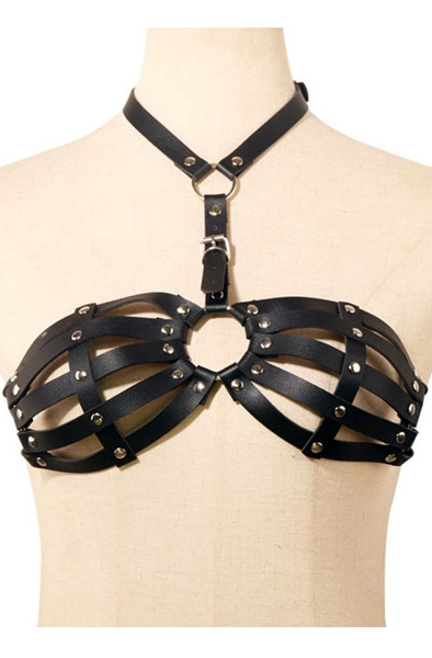 KinkHarness Kunstleder Lanya BH Schwarz - Bondage-Set 1