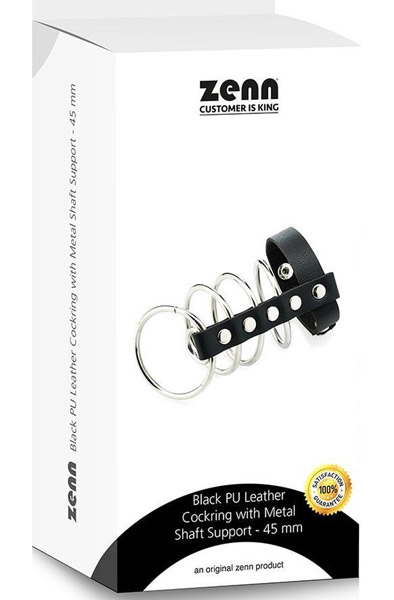 Schwarzer künstlicher Leder-Cockring mit Metall-Schaftstütze 45mm - Peniskäfig 2